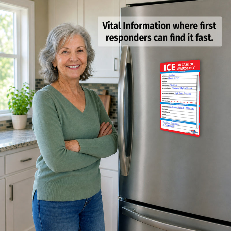 ICE emergency contact and medical information magnet for refrigerator
