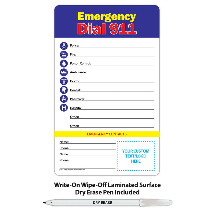 Emergency Numbers Magnet w/ Marker - 5.25x8.5 (Min Qty 100) - FREE Customization