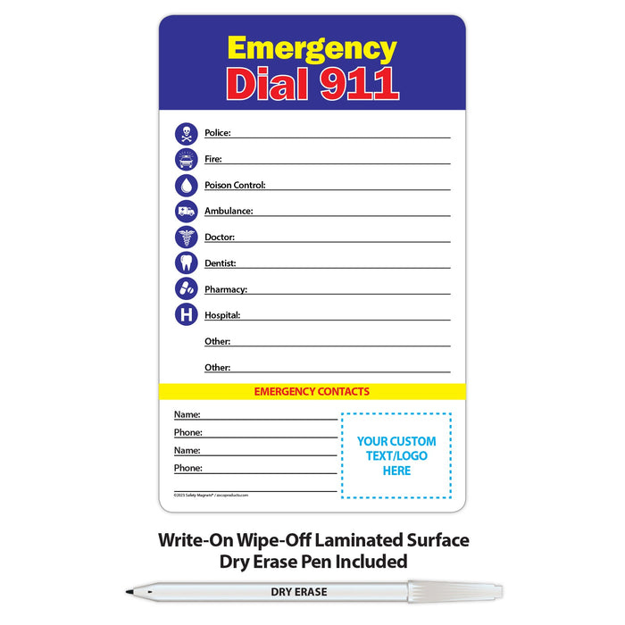 Emergency Numbers Magnet w/ Marker - 5.25x8.5 (Min Qty 100) - FREE Customization