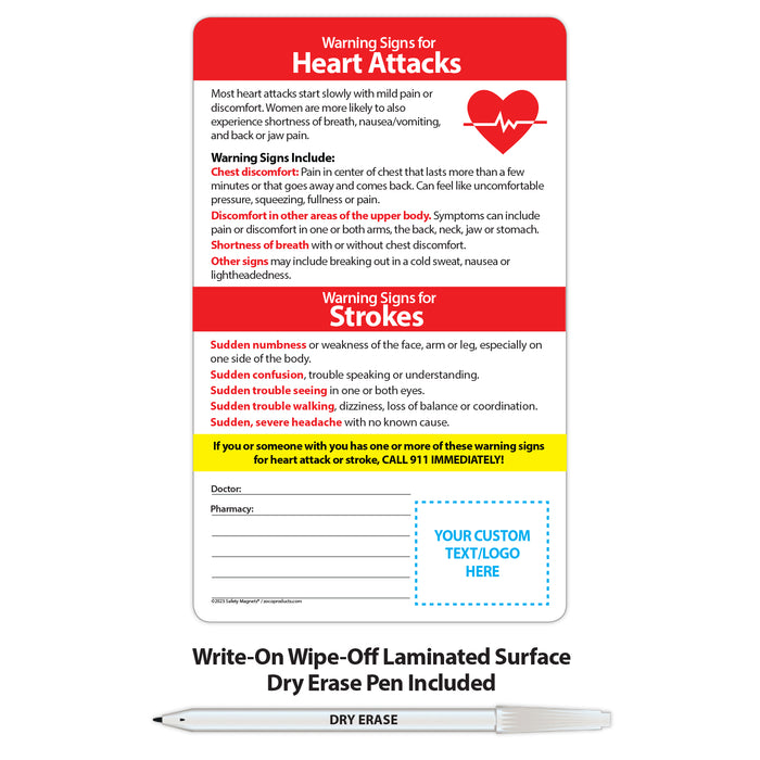 Heart Attack / Stroke Signs - Laminated Card w/ Magnet & Marker - 5.25x8.5 (Min Qty 100)