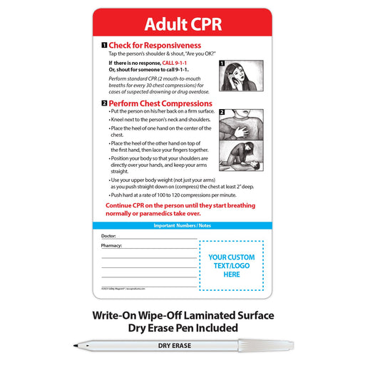 Adult CPR - Laminated Card w/ Magnet & Marker - 5.25x8.5 (Min Qty 100) - FREE Customization