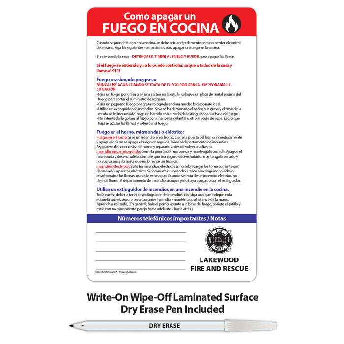 How to Put Out a Kitchen Fire (SPANISH) - Magnet w/ Marker - 5.25x8.5 (Min Qty 100) - FREE Customization