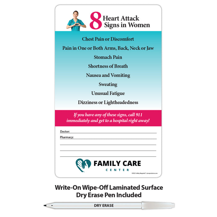 Heart Attack Signs in Woman - Laminated Card w/ Magnet & Marker - 5.25x8.5 (Min Qty 100)