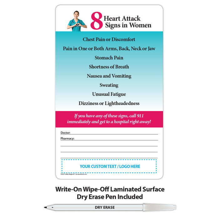 Heart Attack Signs in Woman - Laminated Card w/ Magnet & Marker - 5.25x8.5 (Min Qty 100)