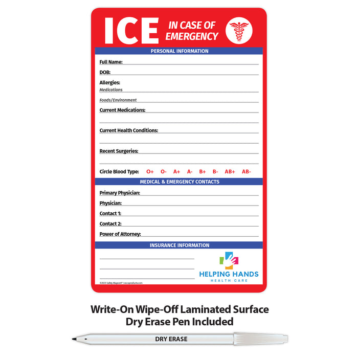 ICE - In Case of Emergency Fridge Magnet w/ Marker - 5.25x8.5 (Min Qty 100) - FREE Customization