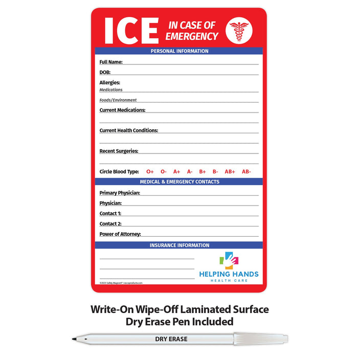 ICE - In Case of Emergency Fridge Magnet w/ Marker - 5.25x8.5 (Min Qty 100) - FREE Customization