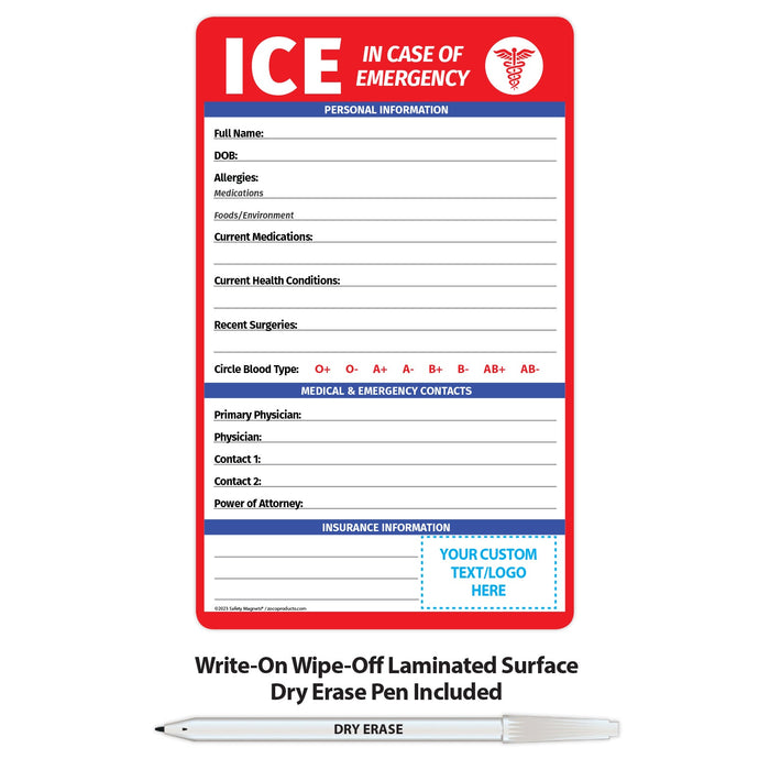 ICE - In Case of Emergency Fridge Magnet w/ Marker - 5.25x8.5 (Min Qty 100) - FREE Customization