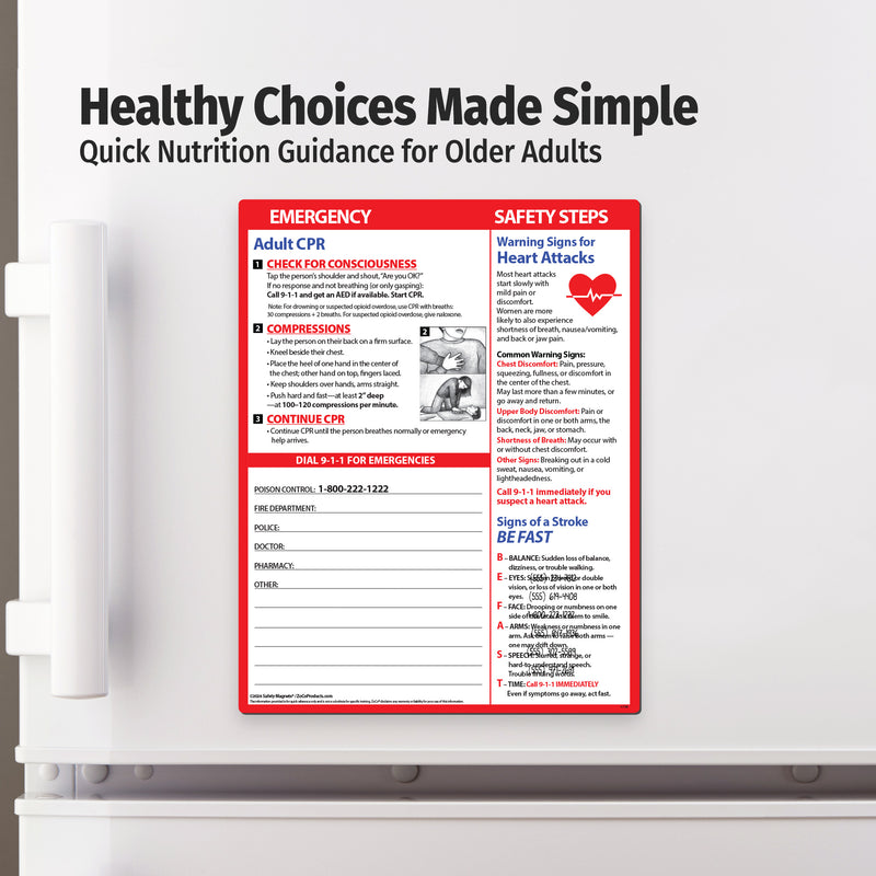 Magnetic adult CPR reference card attached to refrigerator