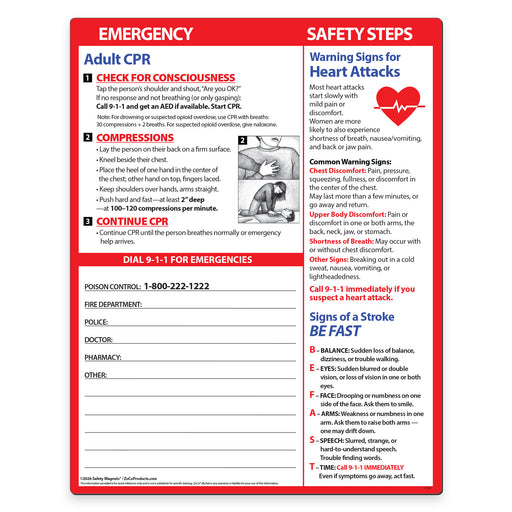 Adult CPR, heart attack and stroke magnetic quick reference card