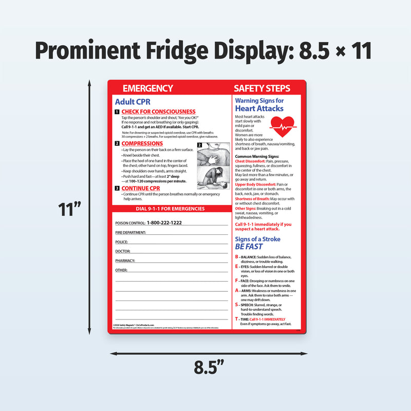 8.5 x 11 adult emergency quick reference card with magnets