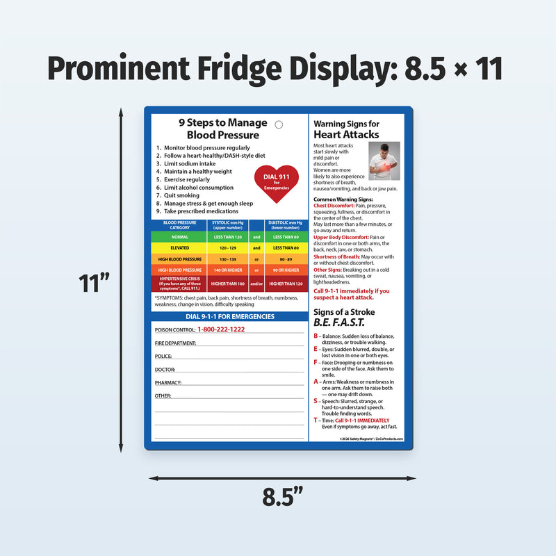 8.5 x 11 laminated heart health quick reference card with four magnets on the back