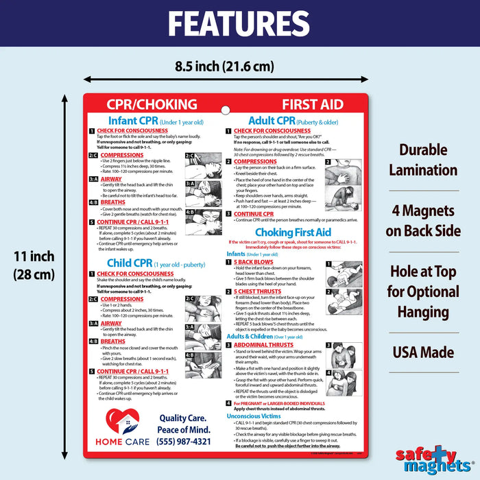 First aid and CPR guide with features listed on a blue background