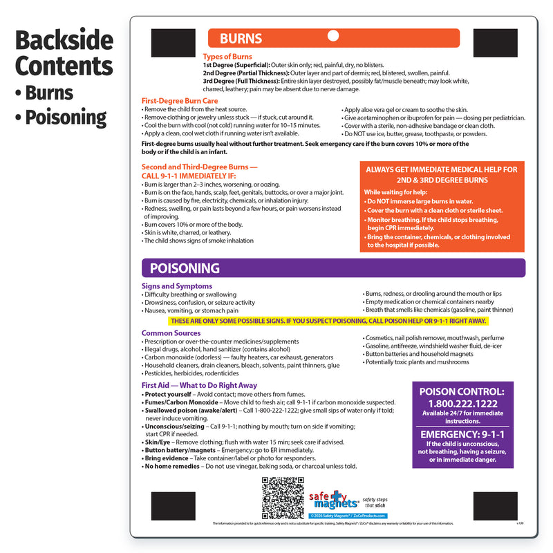 Infant & Child First Aid Quick Reference Card - Backside Contents - Burns & Poisoning