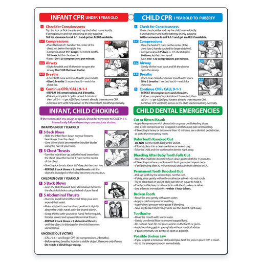 Infant and child first aid quick reference card with CPR, choking, poisoning, burns and dental emergencies