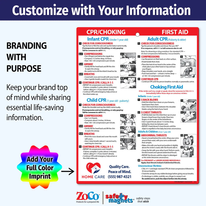 First aid and CPR chart with customizable branding options on a white background.