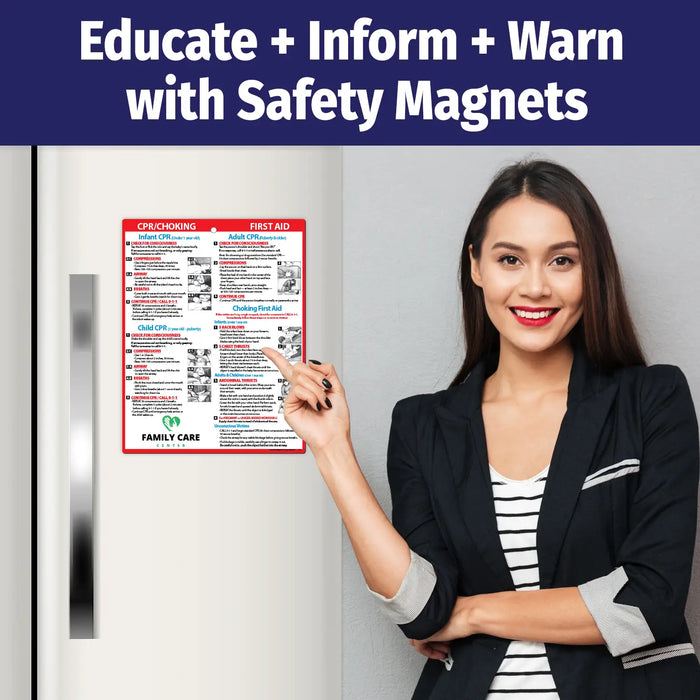 Woman pointing to a safety magnet on a refrigerator with text 'Educate + Inform + Warn with Safety Magnets'.