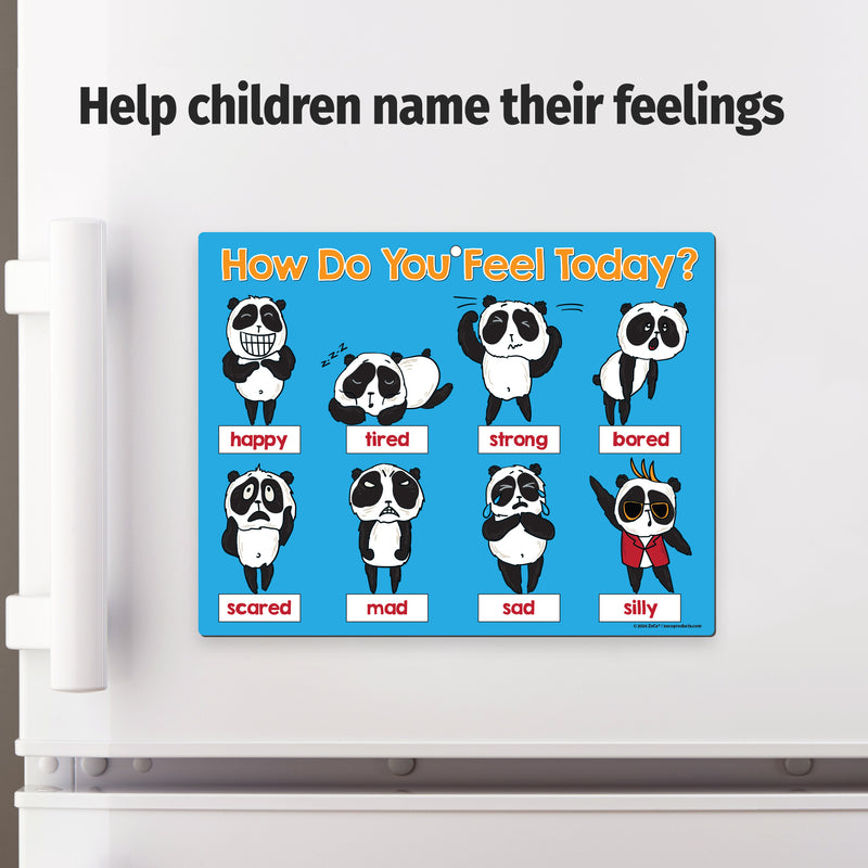 Kids feelings and emotions chart displayed on a refrigerator to help children name their feelings