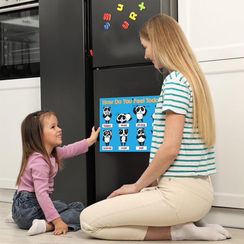 Child using a kids feelings and emotions chart with an adult on a refrigerator
