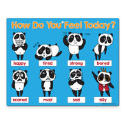 Kids feelings and emotions chart with illustrated pandas showing happy, tired, strong, bored, scared, mad, sad and silly