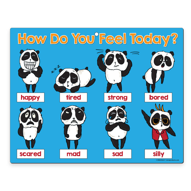 Kids feelings and emotions chart with illustrated pandas showing happy, tired, strong, bored, scared, mad, sad and silly