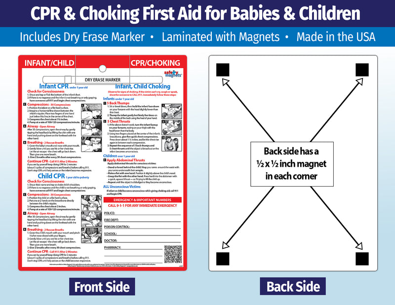 CPR / Choking for Babies & Children - Emergency Numbers - Quick Reference Card by Safety Magnets
