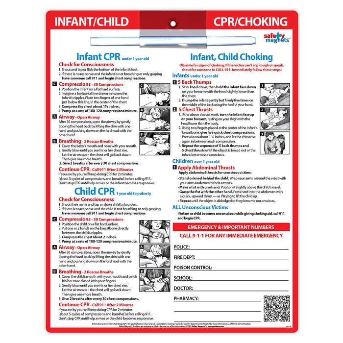 CPR / Choking for Babies & Children - Emergency Numbers - Quick Reference Card by Safety Magnets