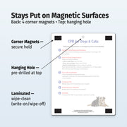 Back of pet CPR card showing four corner magnets, hanging hole and laminated wipe-clean surface