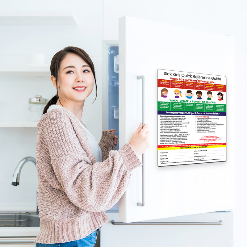 When sick kids should stay home from school reference card displayed on a refrigerator