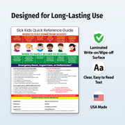 Laminated sick kids school health reference card with write-on wipe-off surface