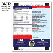 Back of child care quick reference card with medication dosing chart, basic first aid and cold vs flu symptoms