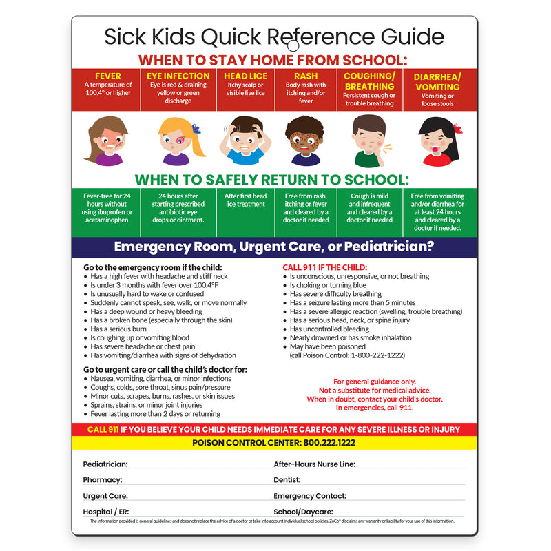 When sick kids should stay home from school quick reference card with return-to-school guidance