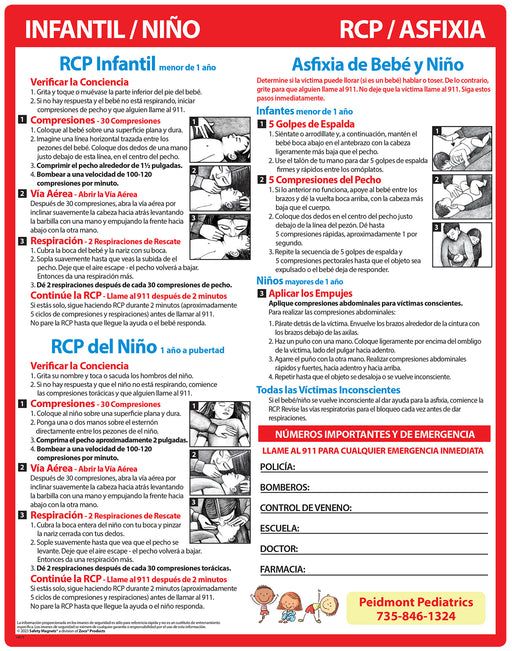 CPR & Choking for Infants & Children (SPANISH VERSION) - Quick Reference Card - by Safety Magnets - Add Your Imprint