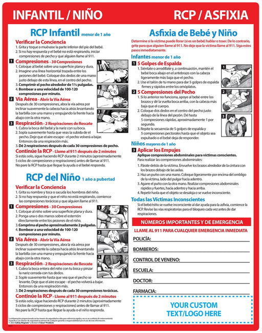 CPR & Choking for Infants & Children (SPANISH VERSION) - Quick Reference Card - by Safety Magnets - Add Your Imprint