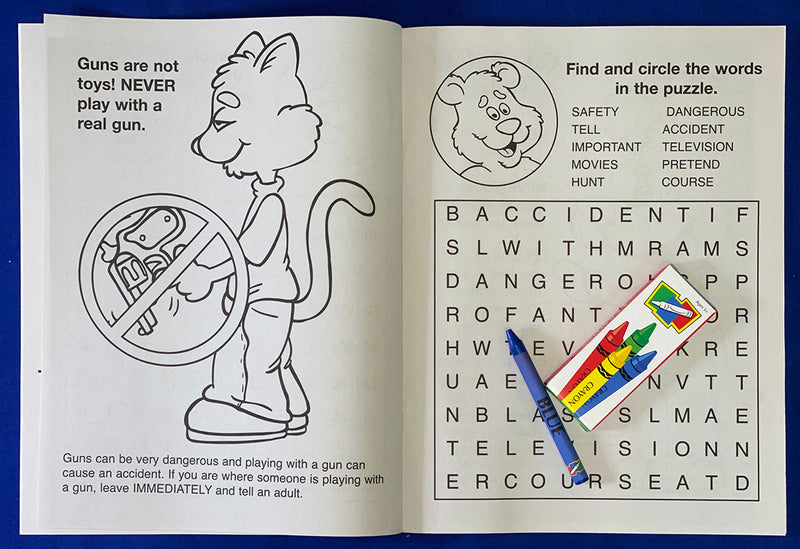 Gun safety coloring page showing children learning safe behavior around guns