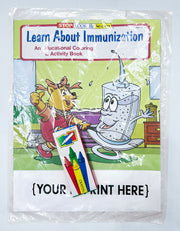 Custom immunization coloring book imprint area for school, clinic, or organization information