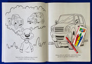 Inside pages of car dealership coloring and activity book for children