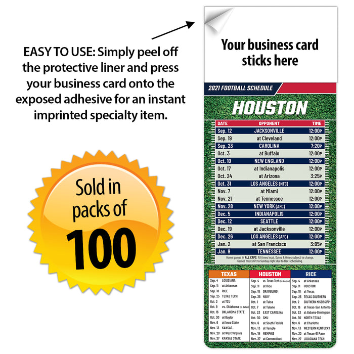 2023 Pro Football Sports Schedule Magnets (HOUSTON) - 100 Count - Your Business Card Sticks on Top