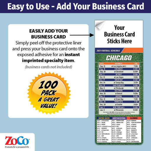 Pro Football Sports Schedule Magnets (CHICAGO) - 100 Count - Your Business Card Sticks on Top