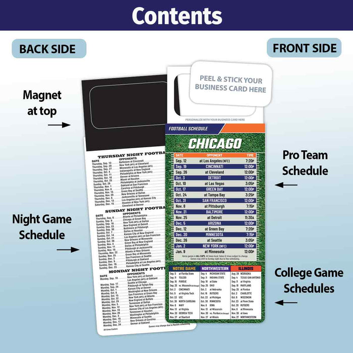 Pro Football Sports Schedule Magnets (CHICAGO) - 100 Count - Your Business Card Sticks on Top