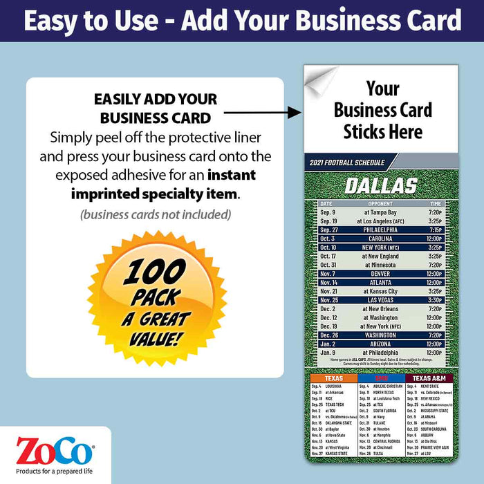 ZoCo - Pro Football Sports Schedule Magnets (DALLAS) - 100 Count - Your Business Card Sticks on Top