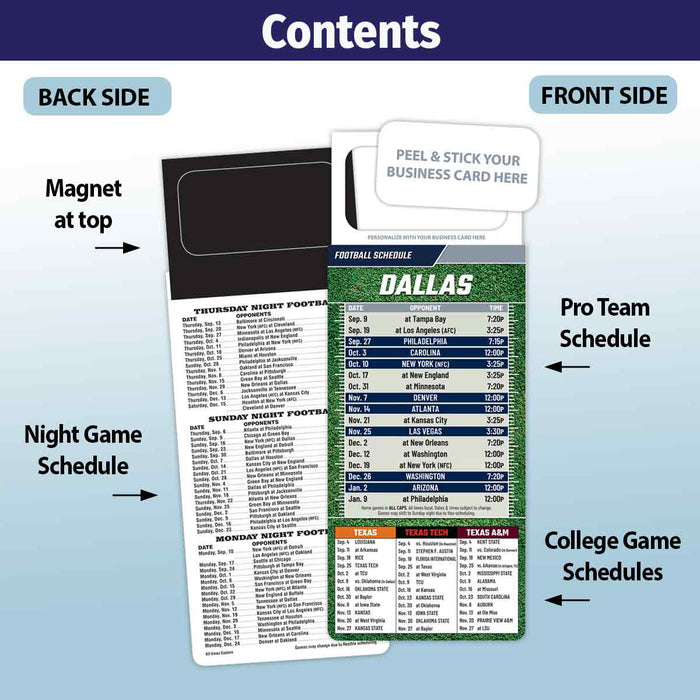 ZoCo - Pro Football Sports Schedule Magnets (DALLAS) - 100 Count - Your Business Card Sticks on Top