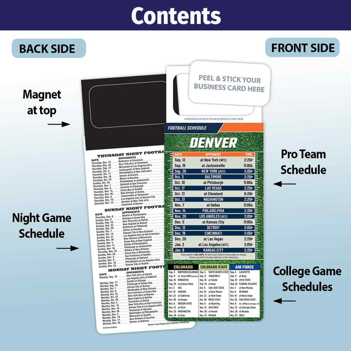 ZoCo - Pro Football Sports Schedule Magnets (DENVER) - 100 Count - Your Business Card Sticks on Top