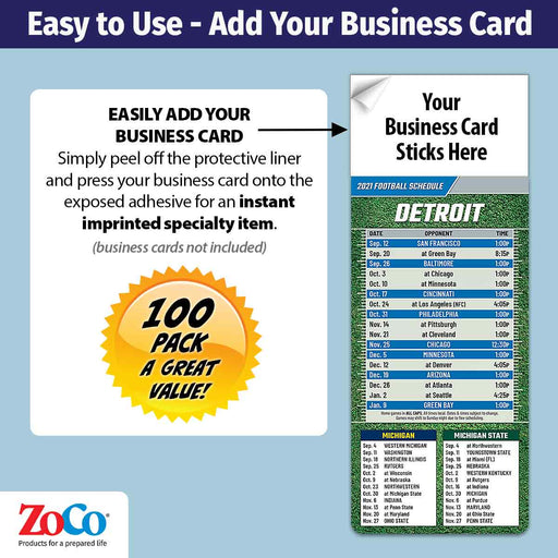 ZoCo - Pro Football Sports Schedule Magnets (DETROIT) - 100 Count - Your Business Card Sticks on Top