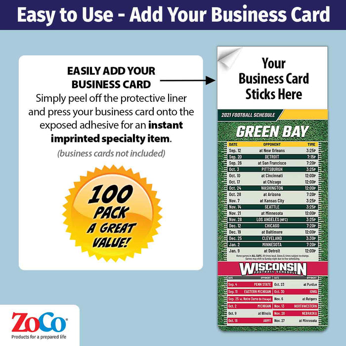 ZoCo - Pro Football Sports Schedule Magnets (GREEN BAY) - 100 Count - Your Business Card Sticks on Top