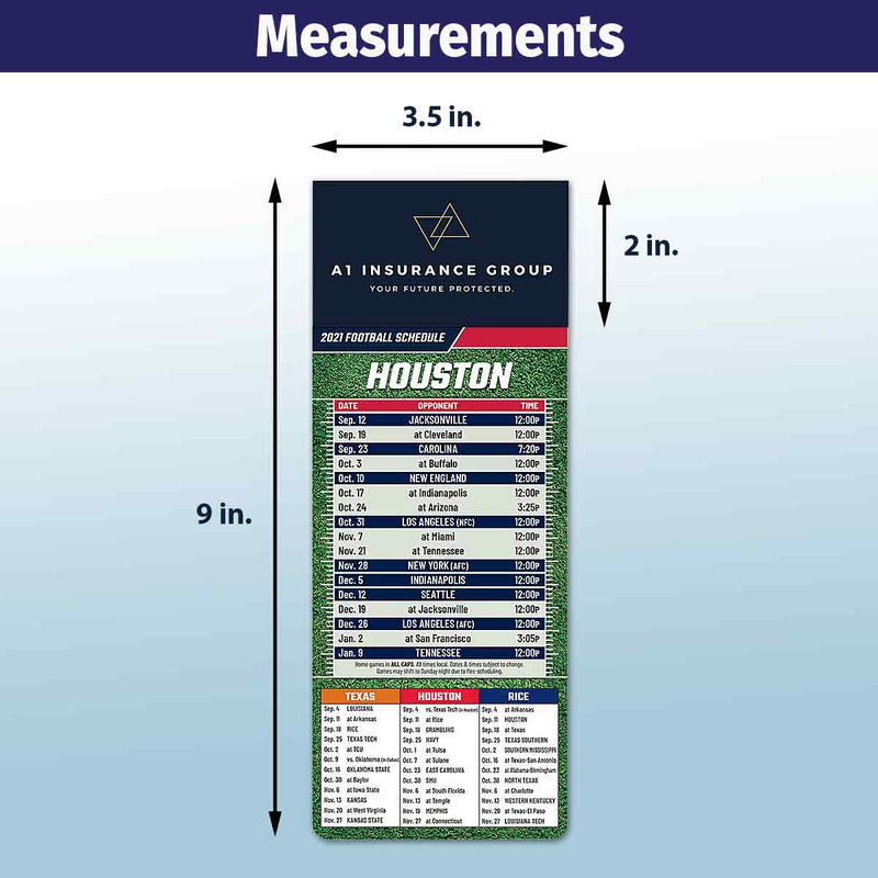 ZoCo - Pro Football Sports Schedule Magnets (HOUSTON) - 100 Count - Your Business Card Sticks on Top