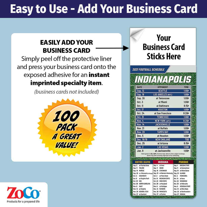 ZoCo - Pro Football Sports Schedule Magnets (INDIANAPOLIS) - 100 Count - Your Business Card Sticks on Top