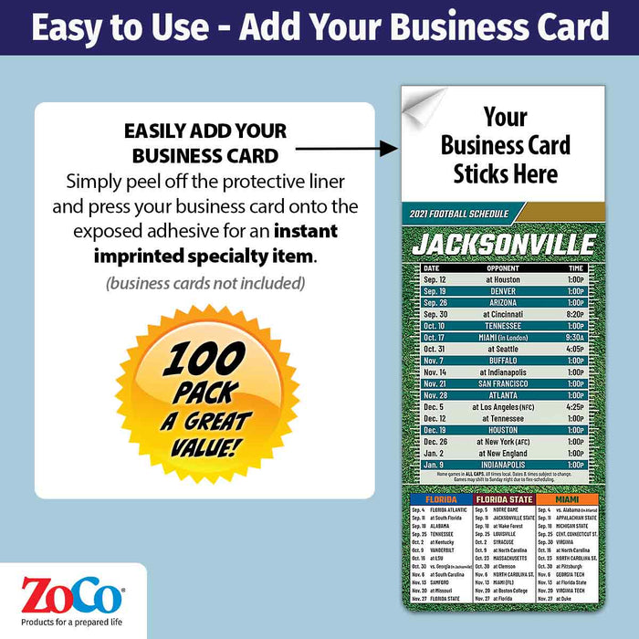 ZoCo - Pro Football Sports Schedule Magnets (JACKSONVILLE) - 100 Count - Your Business Card Sticks on Top