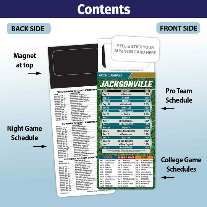 ZoCo - Pro Football Sports Schedule Magnets (JACKSONVILLE) - 100 Count - Your Business Card Sticks on Top