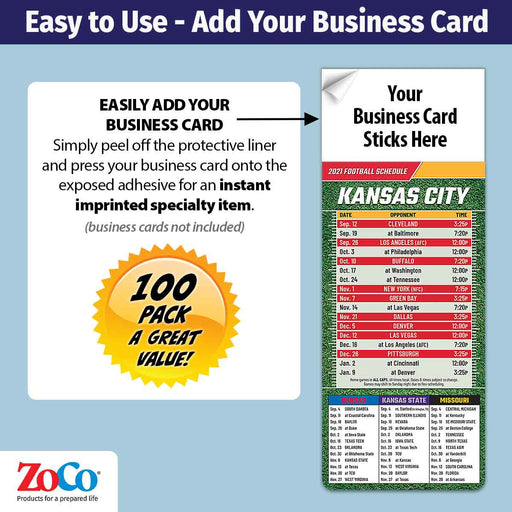 ZoCo - Pro Football Sports Schedule Magnets (KANSAS CITY) - 100 Count - Your Business Card Sticks on Top