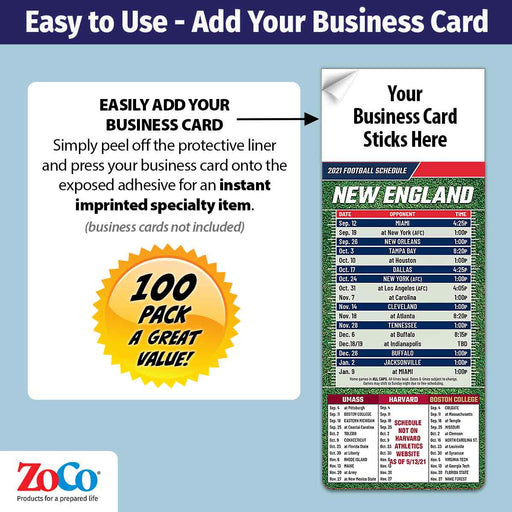 ZoCo - Pro Football Sports Schedule Magnets (NEW ENGLAND) - 100 Count - Your Business Card Sticks on Top